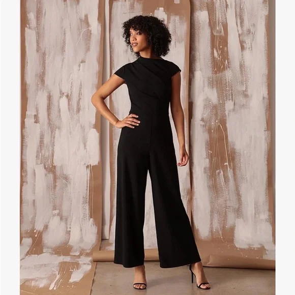 Maggy London Cap Sleeve Asymmetrical Black Jumpsuit - Picture 1 of 7